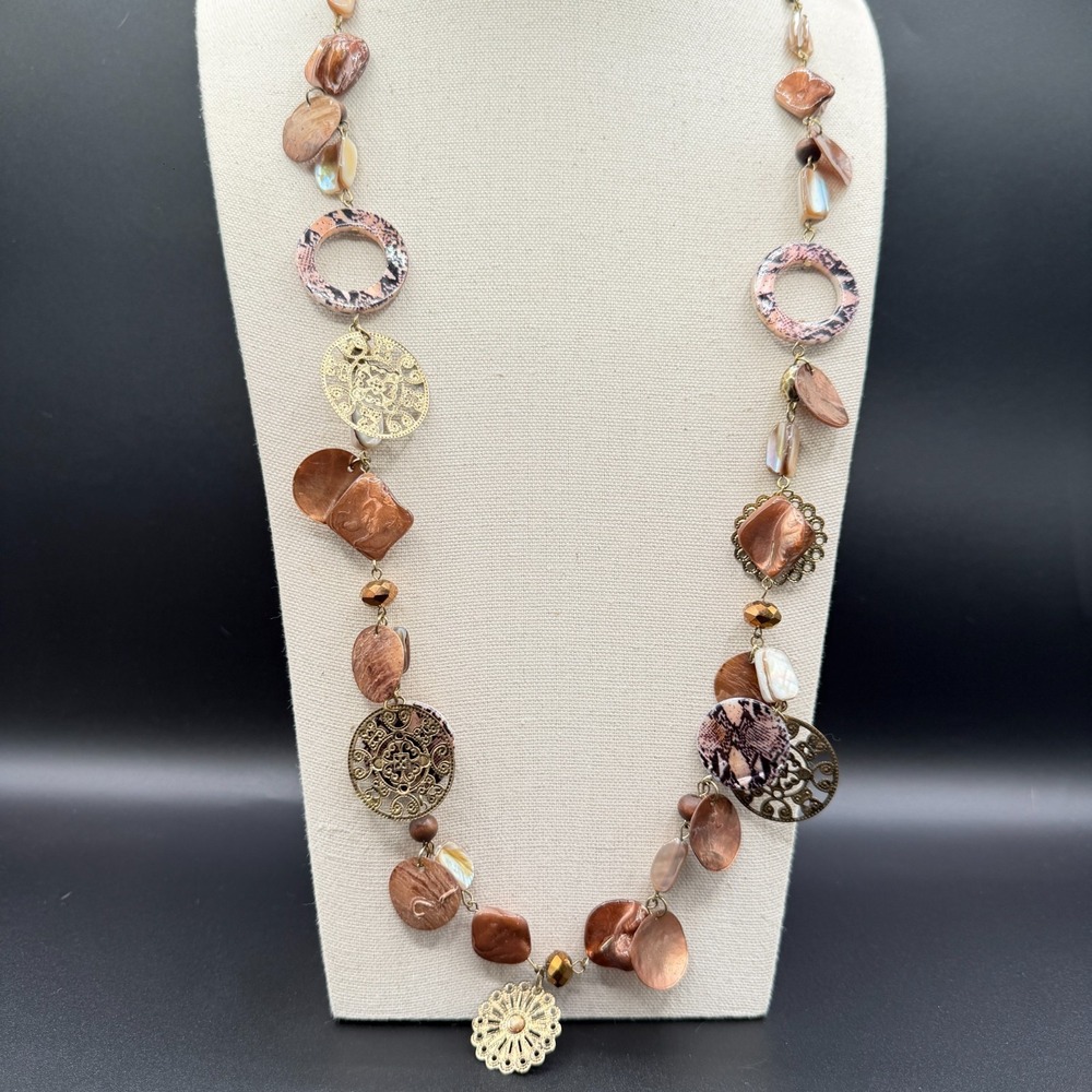 Brown Copper Tone Mixed Media Filigree Medallion Long Boho Vintage Necklace
